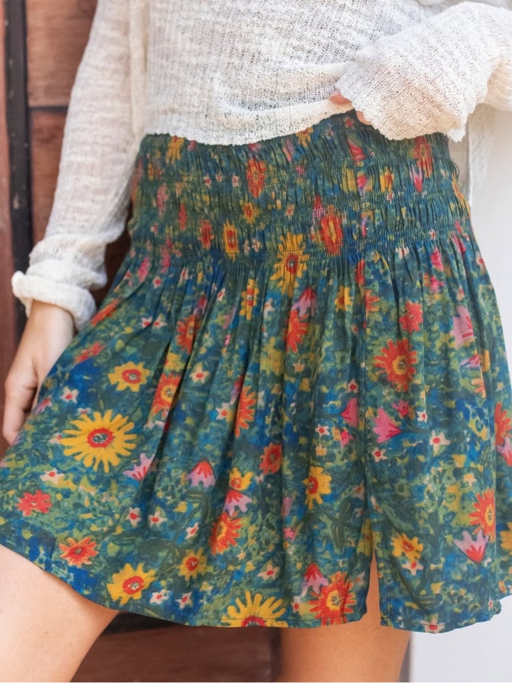 Natural Life Smocked Waist Floral Mini Skirt Boho Teal size S - Picture 1 of 10
